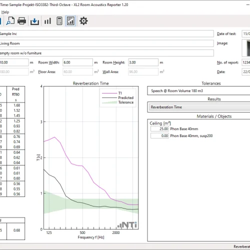 XL2 Room Acoustics Reporter Ergebnisse mit Toleranz und Material