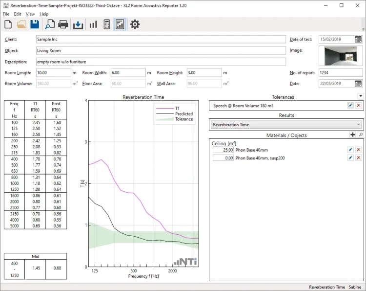Xl2 Room Acoustics Reporter Results With Tolerance And Material